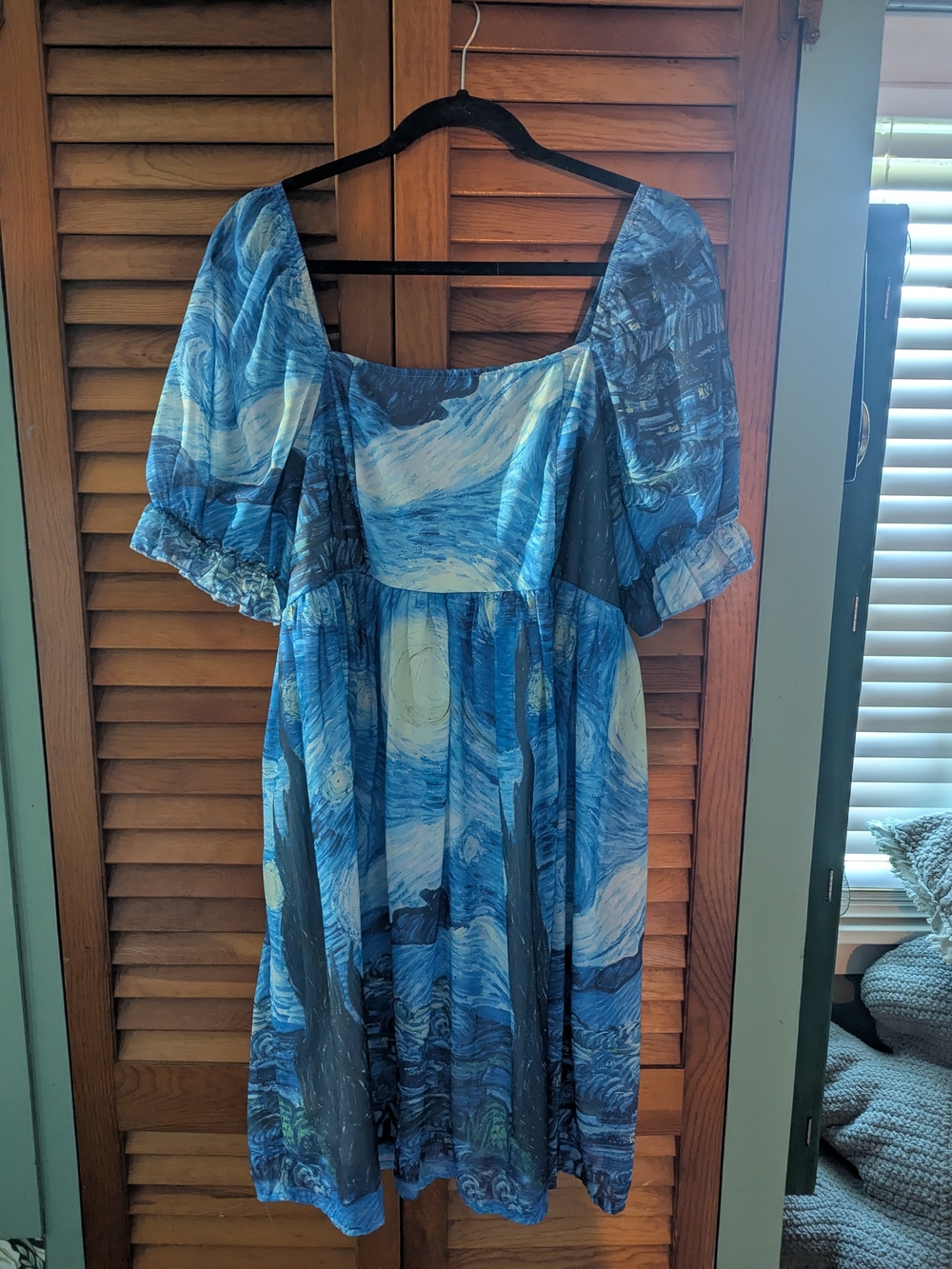 SHEIN Blue Starry Night Print Mini Dress with Puff Sleeves